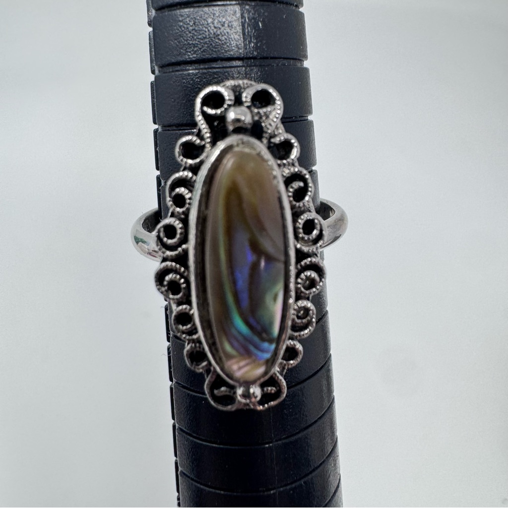 Vintage Signed Vogue Abalone Mop Silver Tone Adjustable Ring